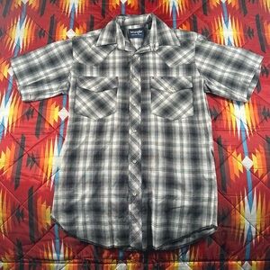 Wrangler Western Shirt Mens Large Gray Plaid Short Sleeve Pearl Snap‎ Vintage